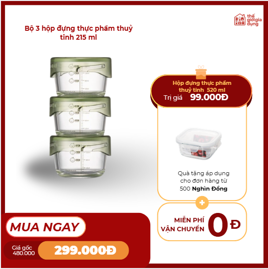 Bộ 3 hộp đựng thực phẩm thuỷ tinh 215 ml